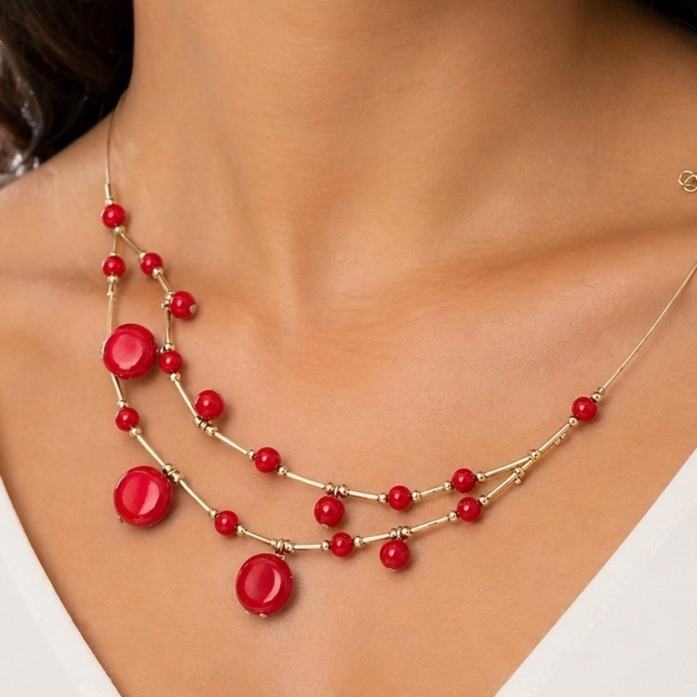 Red Double Strand Layered  Necklace liquid Silver Tone Bar Links Resin Beads